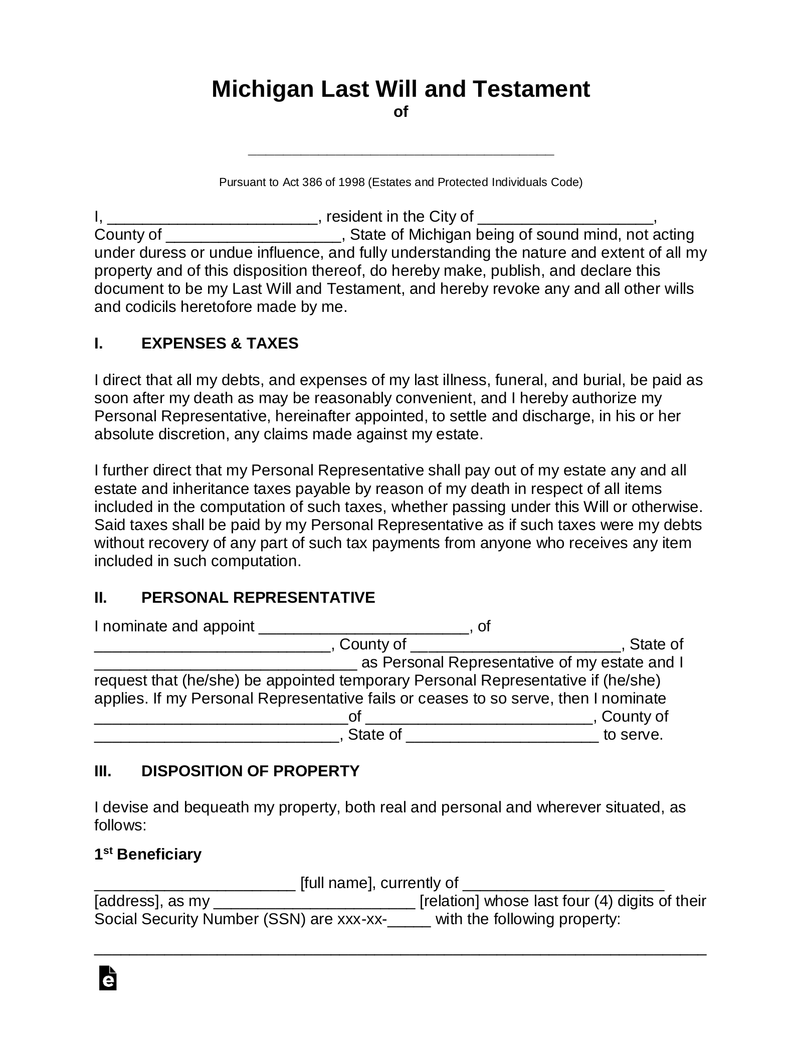 Free Michigan Last Will And Testament Template PDF Word EForms