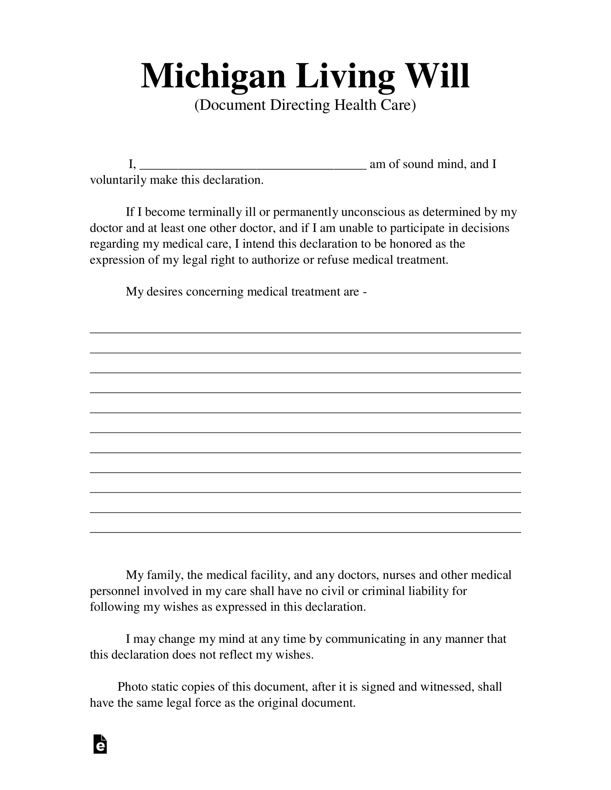 Free Michigan Living Will Form Template PDF Word EForms