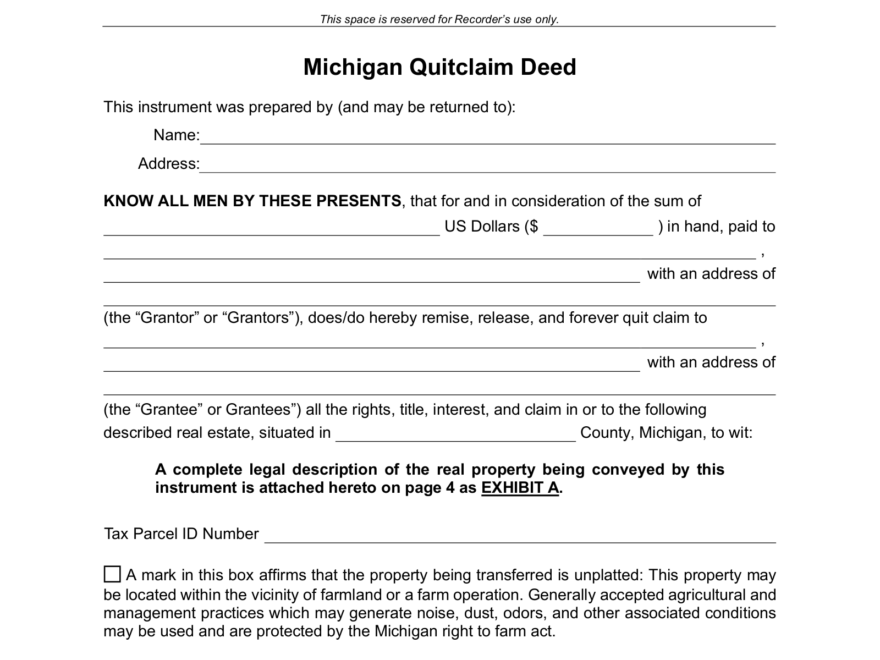 Free Michigan Quit Claim Deed Form PDF Word EForms