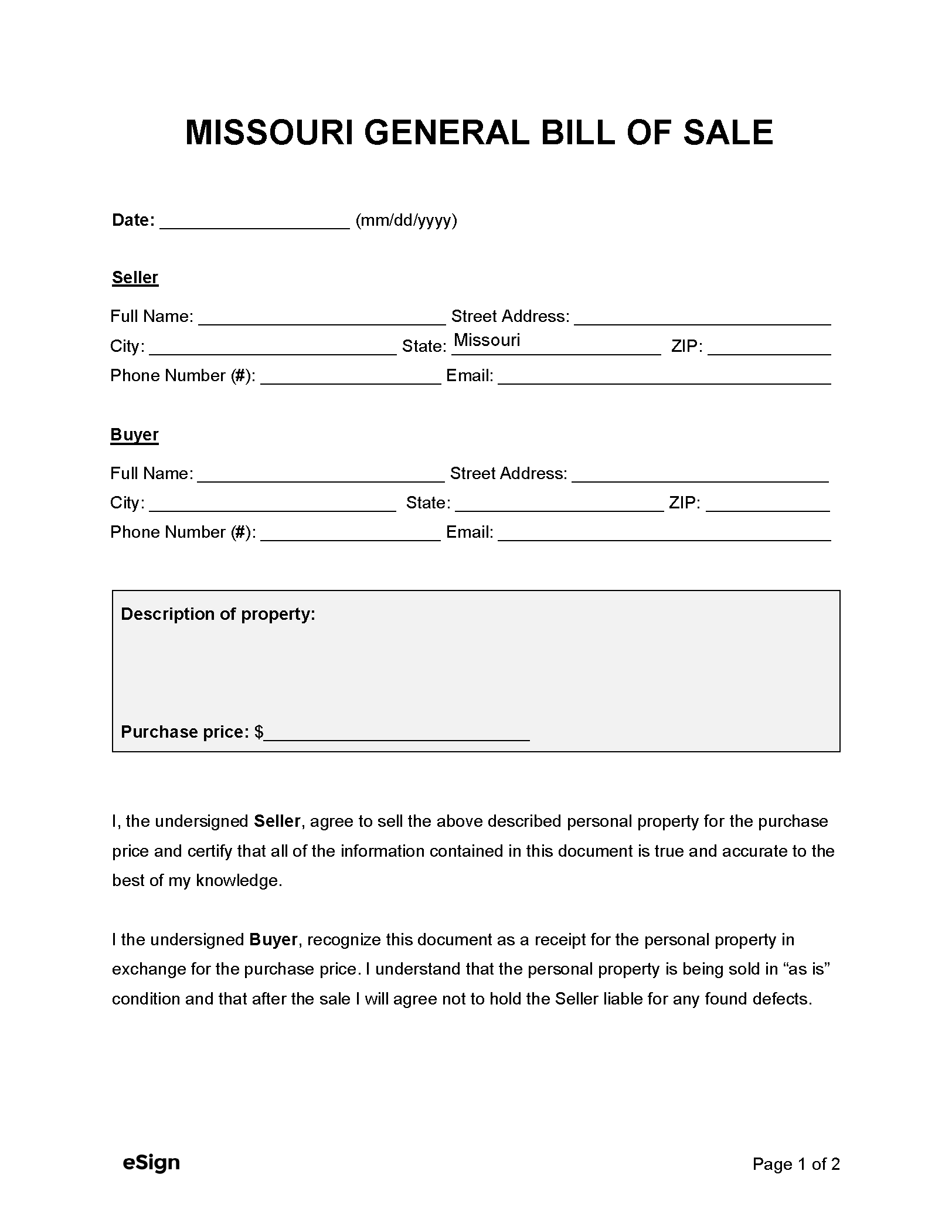 Missouri Head Of House Form Printable