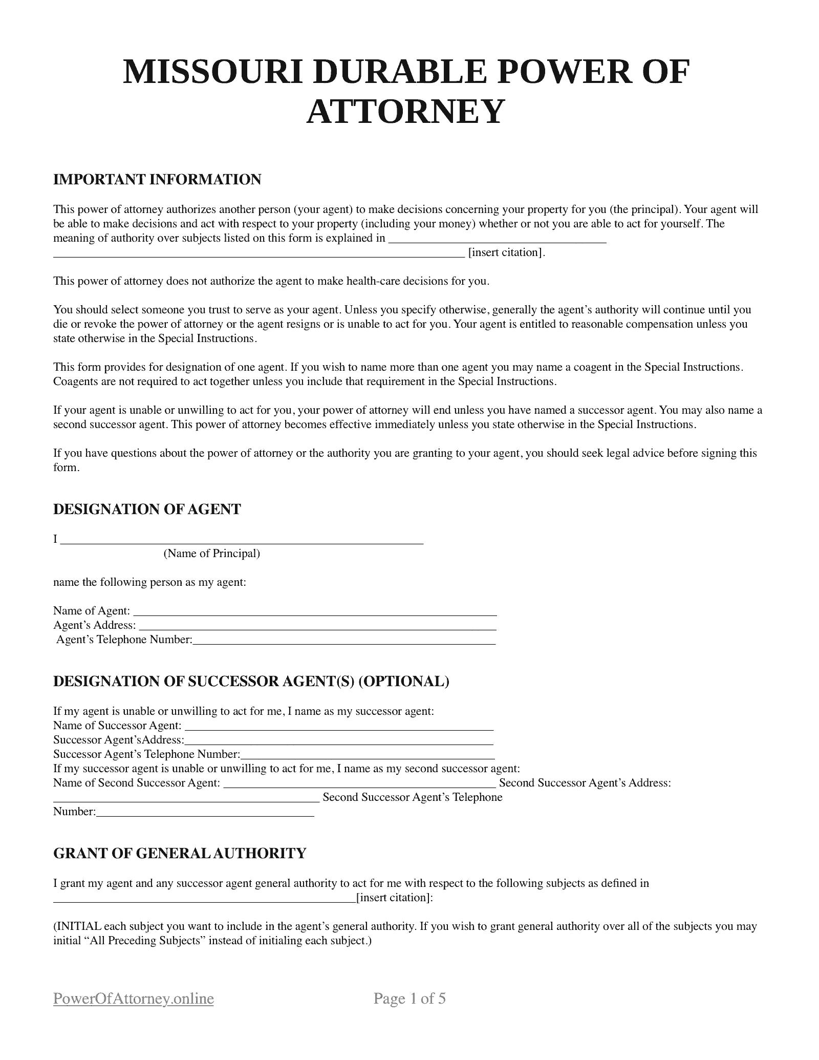 Free Missouri MO Power Of Attorney Forms Templates PDF