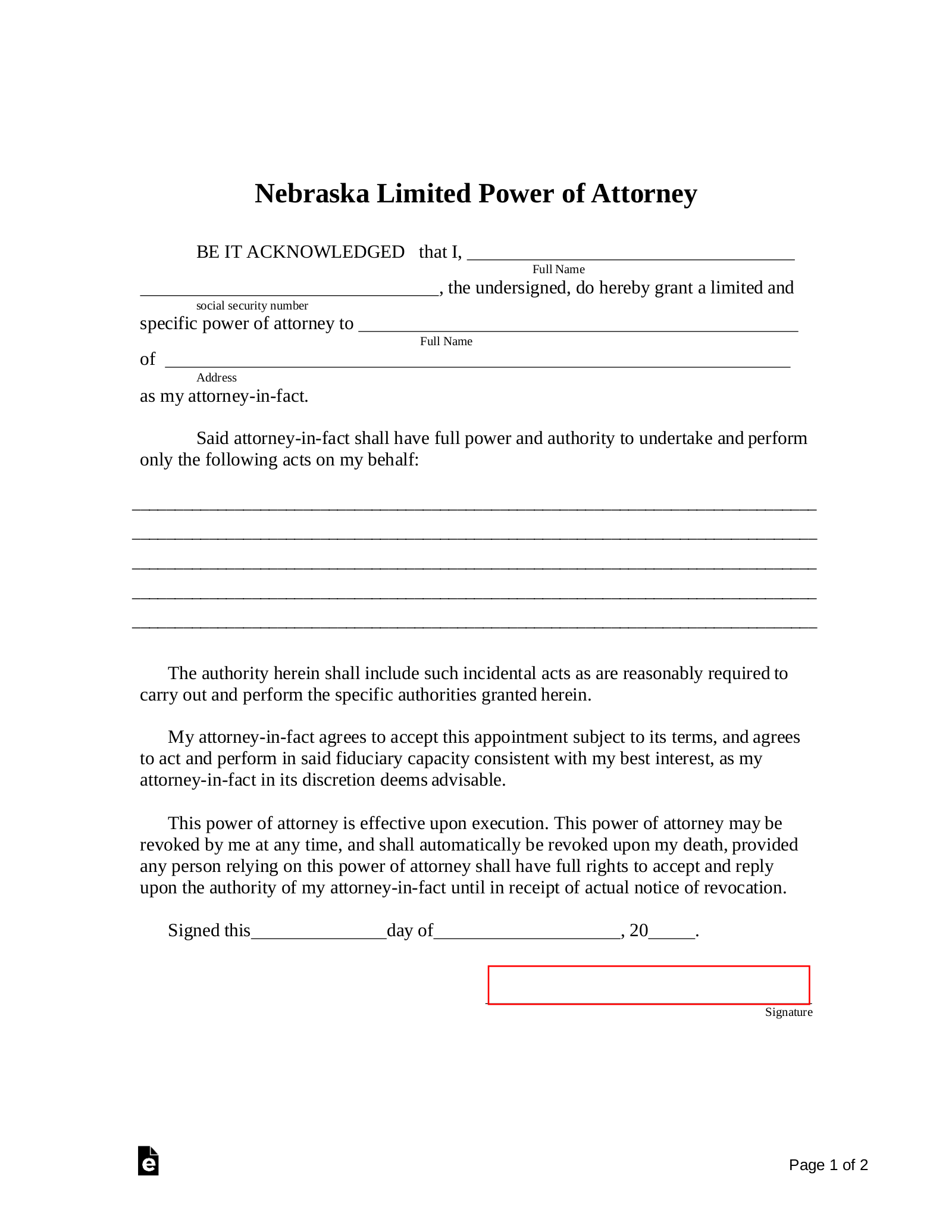Free Nebraska Limited Power Of Attorney Form PDF Word EForms