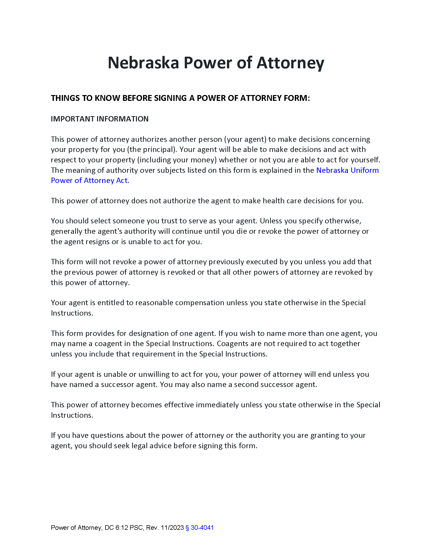 Free Nebraska Power Of Attorney Forms 10 PDF