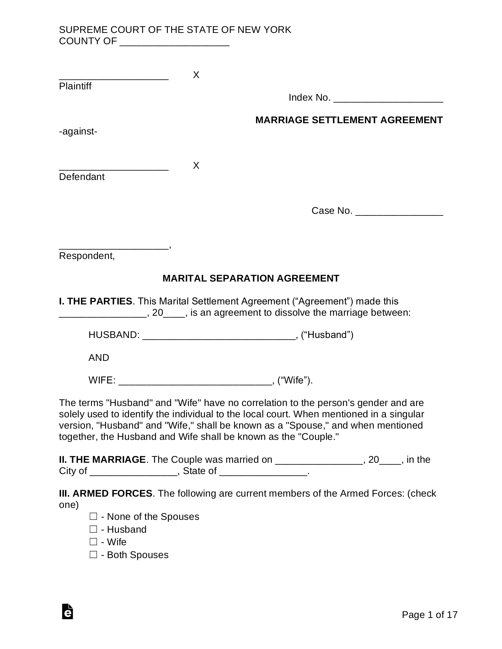 Free New York Marital Settlement Divorce Agreement PDF Word EForms