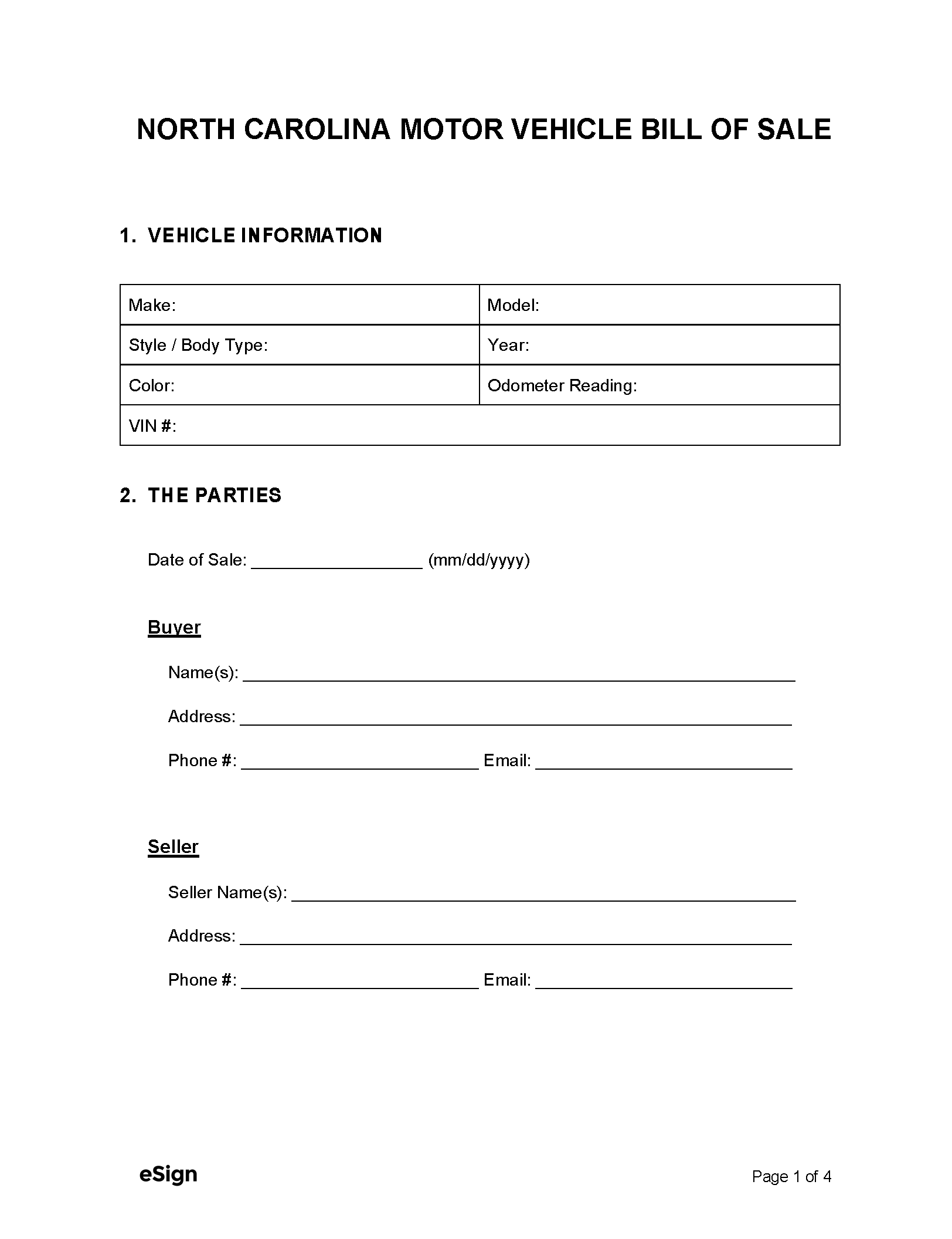Free Printable Bill Of Sale For Vehicle
