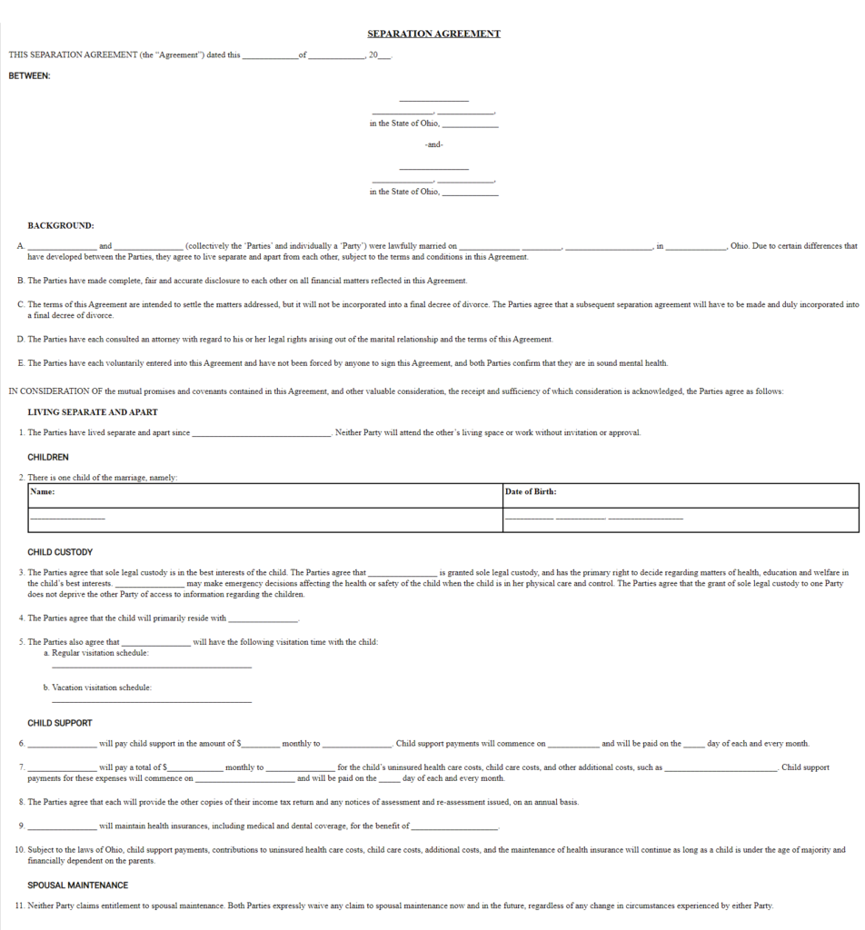 Free Ohio Marital Separation Agreement Legal Separation Forms OH Forms Legal
