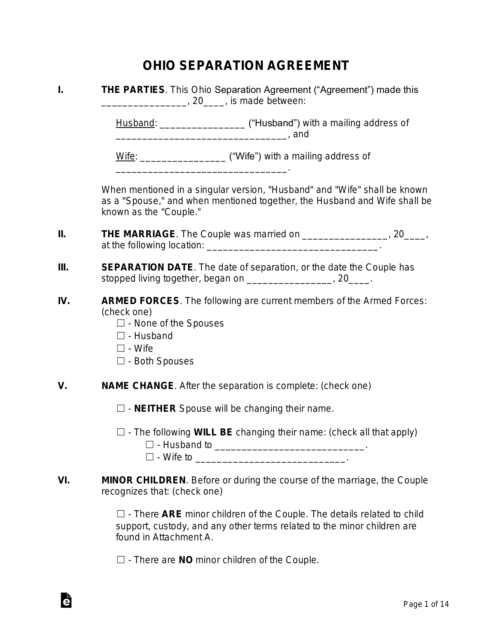 Free Ohio Separation Agreement Template PDF Word EForms