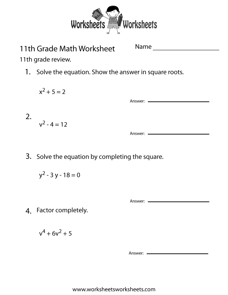 Free Printable Eleventh Grade Math Practice Worksheet