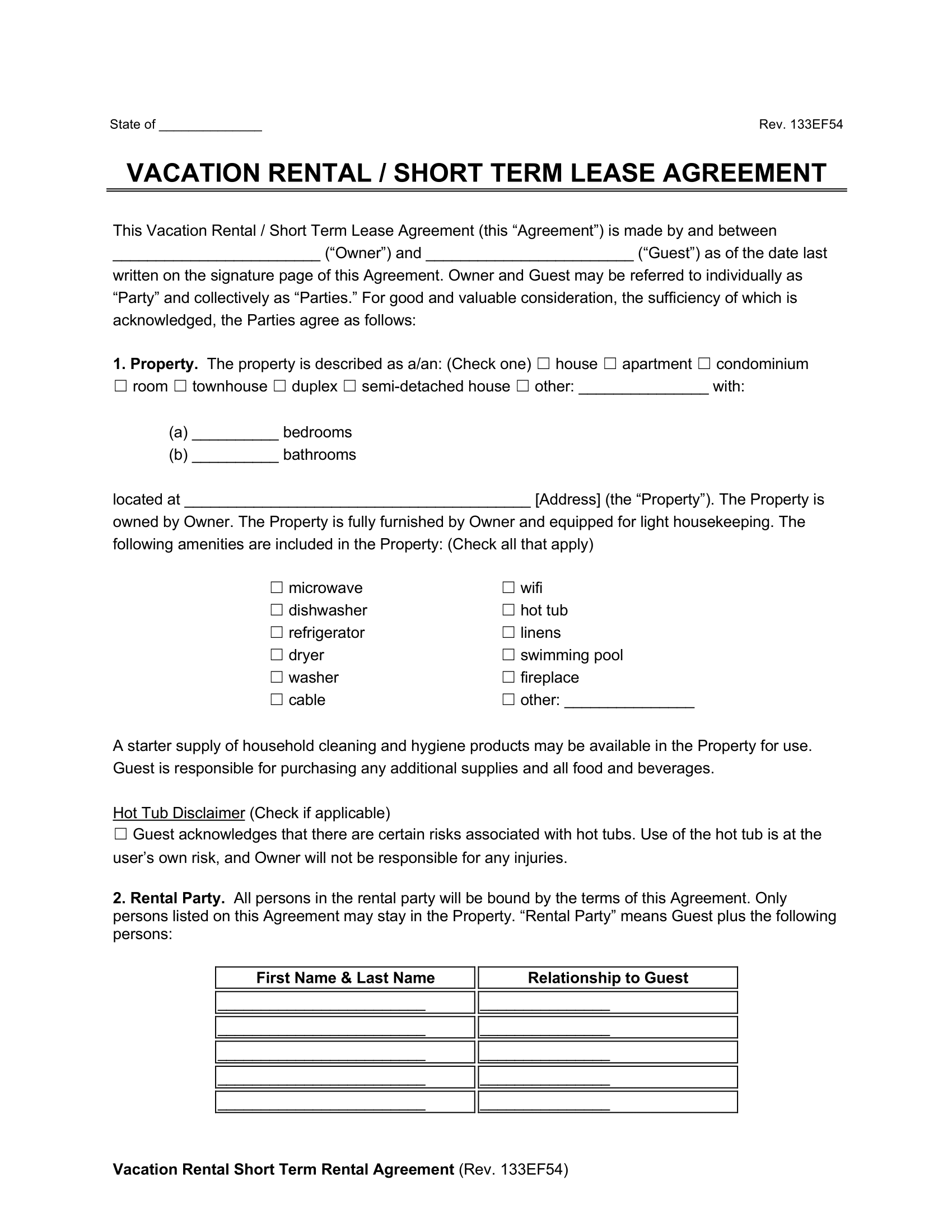 Printable Short-Term Rental Agreement
