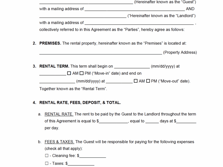 Free Short Term Vacation Lease Agreement Template PDF Word