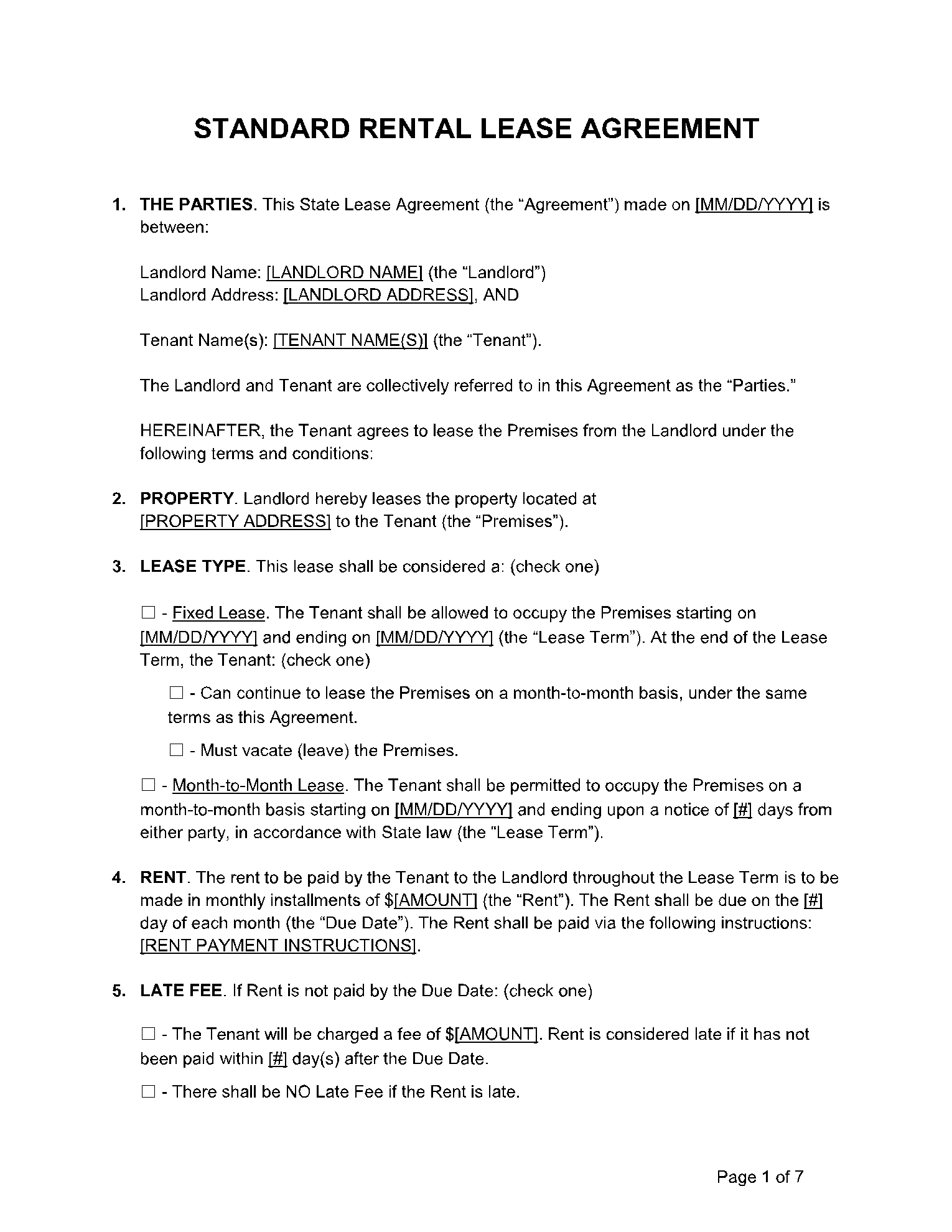 Standar Rental Lease Agreement Printable Free