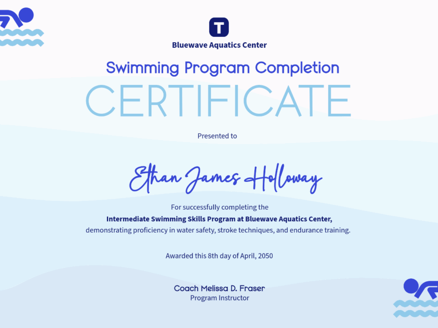 Free Swimming Certificate Of Completion Template To Edit Online