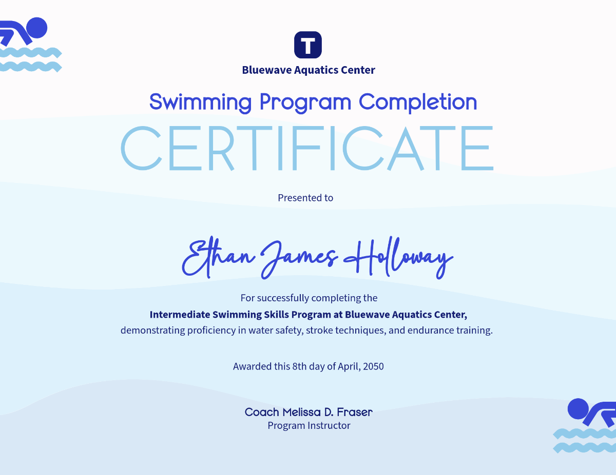 Free Swimming Certificate Of Completion Template To Edit Online