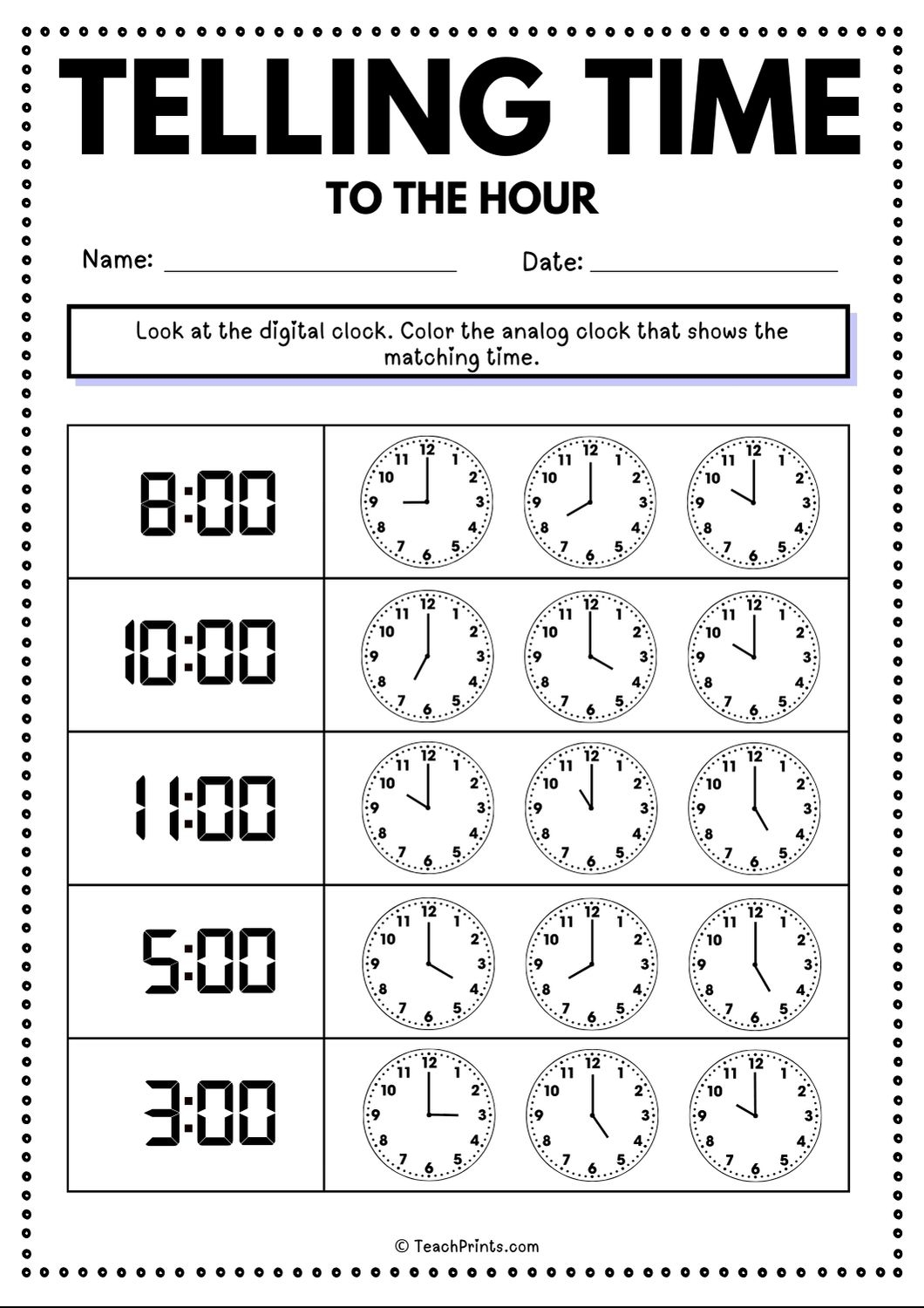 Free Telling Time To The Hour Worksheets Teach Prints