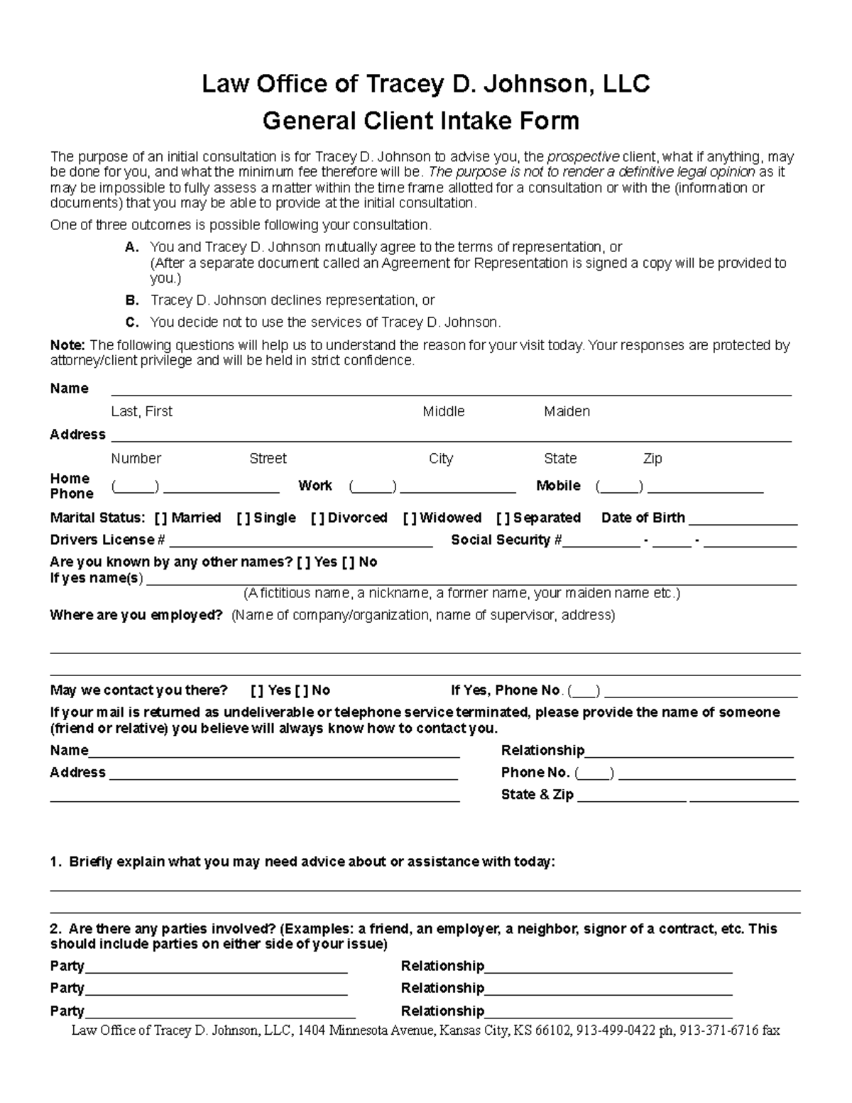 General Client Intake Form Law Office Of Tracey D Johnson LLC General Client Intake Form The Studocu
