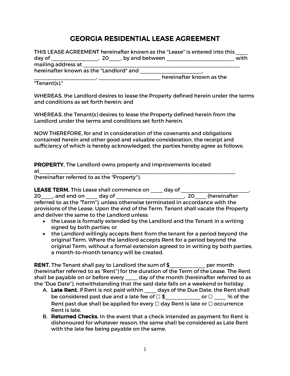 Free Printable Lease Agreement Ga