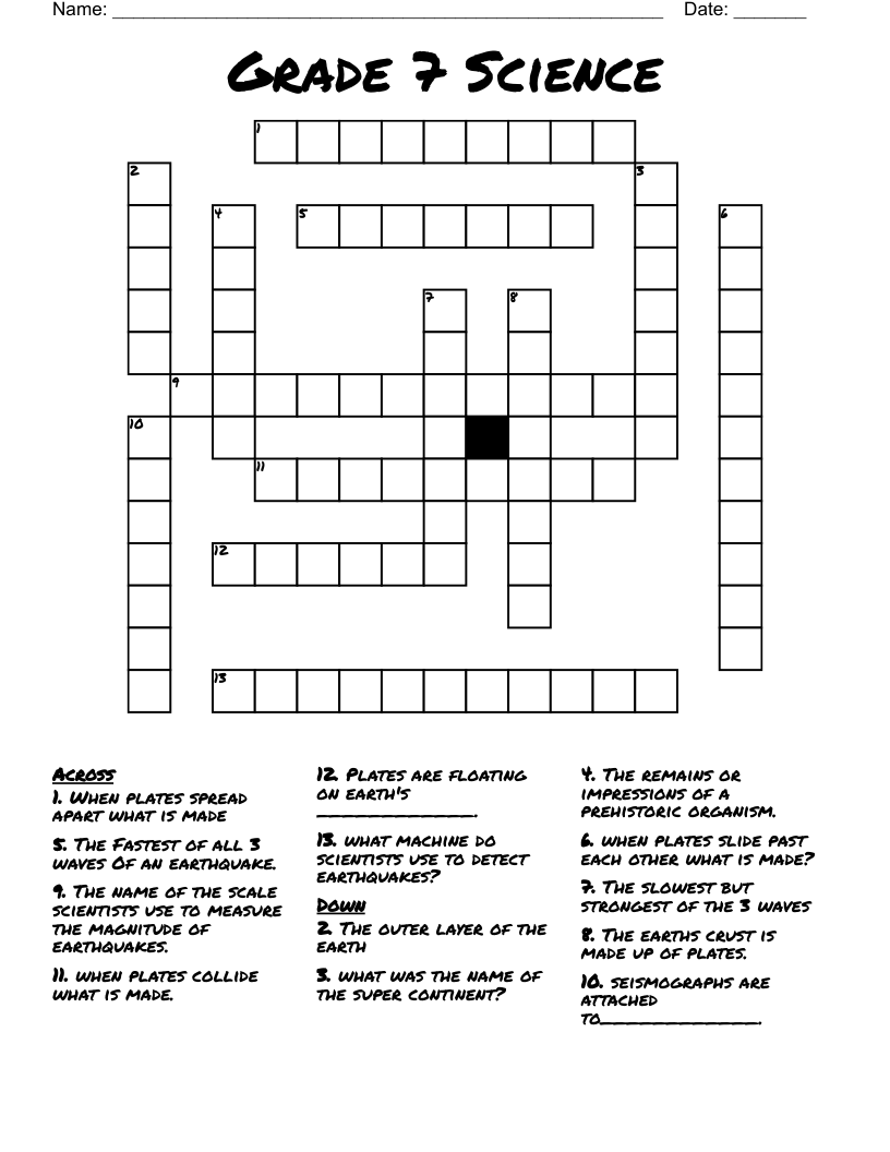 7th Grade Science Crossword Printable