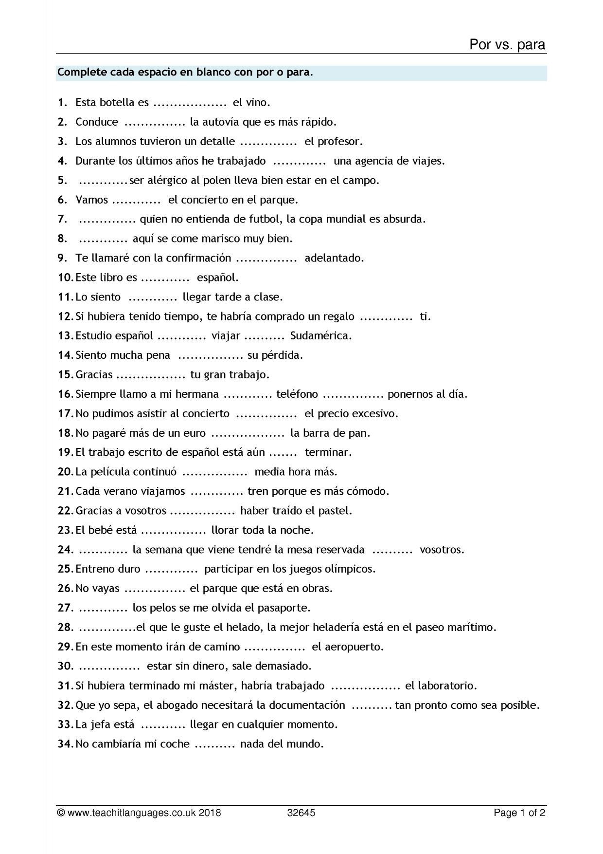 Grammar Worksheet Por Vs Para KS5 Spanish Teaching Resource Teachit