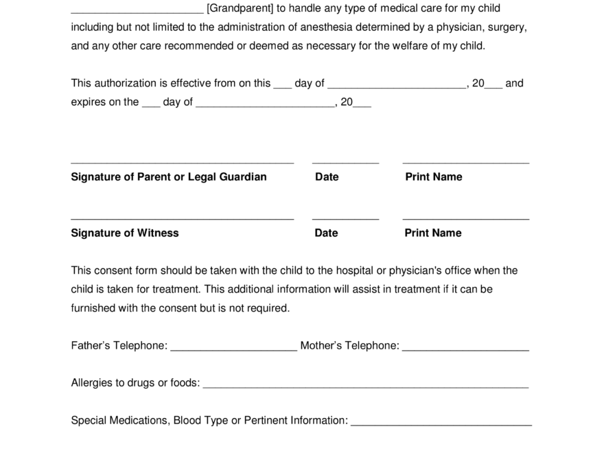 Grandparents Medical Consent Form Minor Child EForms