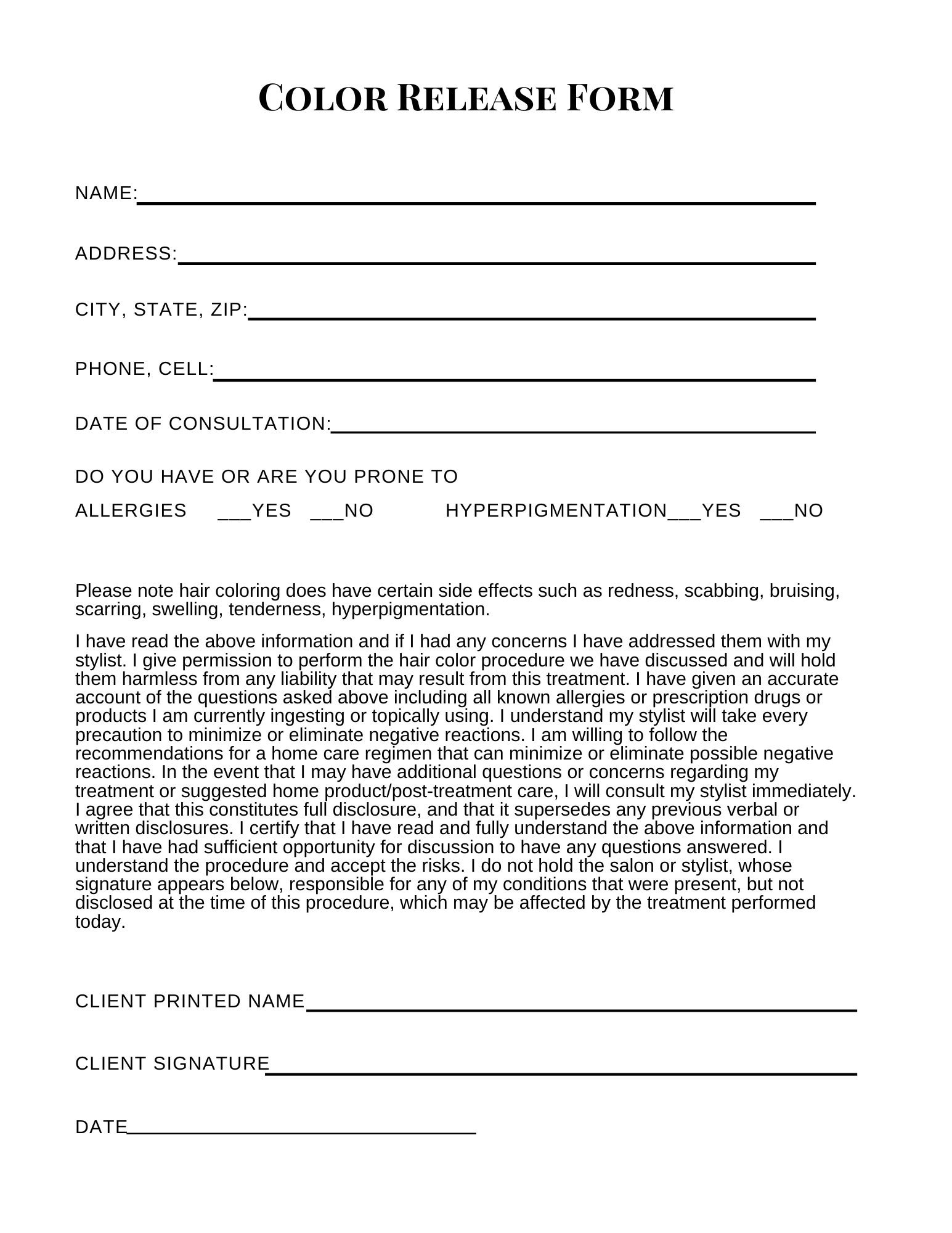 Hair Chemical Release Forms Etsy
