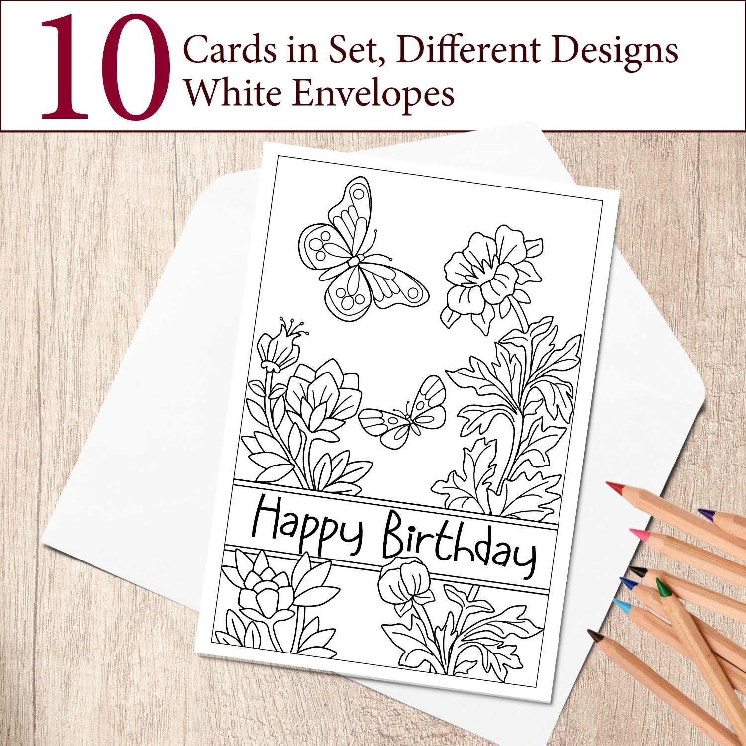 Happy Birthday Coloring Card 10 Cards And 10 White Envelopes