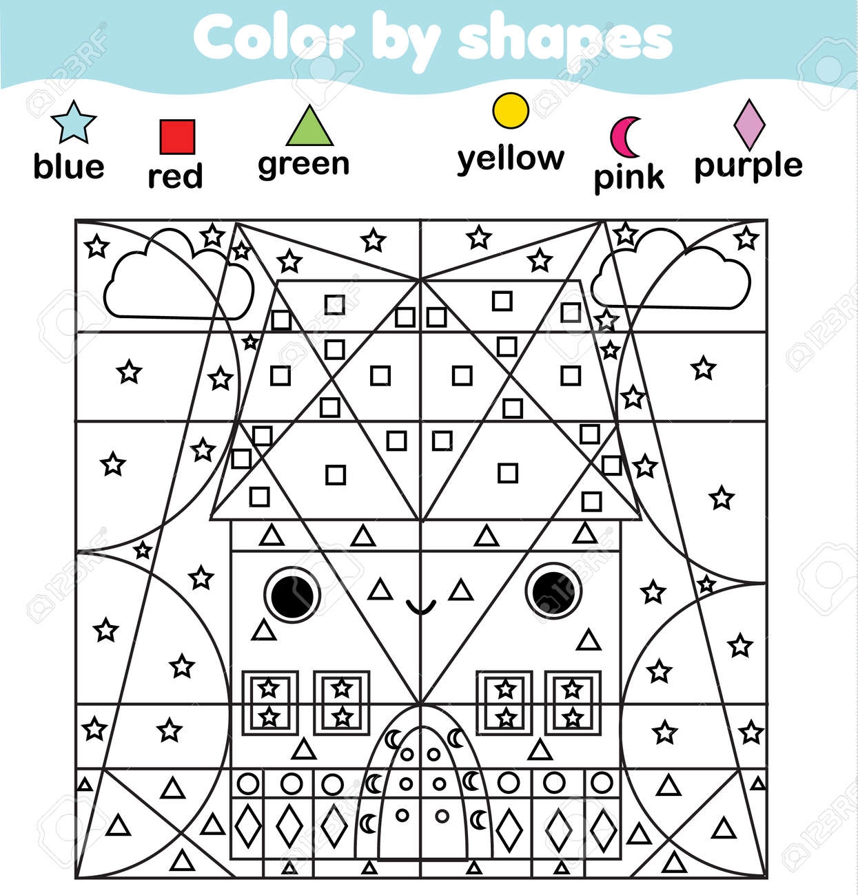 House Coloring Page Color By Shapes Printable Activity Worksheet For Toddlers And Pre School Age Children Educational Game Royalty Free SVG Cliparts Vectors And Stock Illustration Image 172528886 