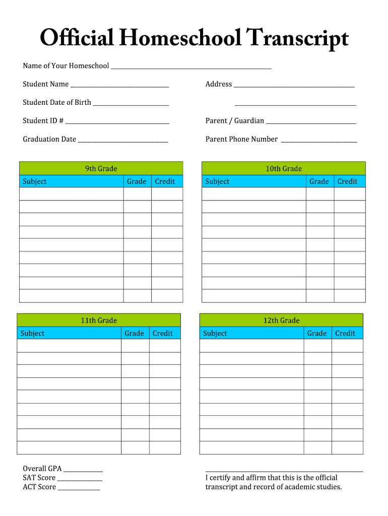 Printable Homeschool High School Transcript Template