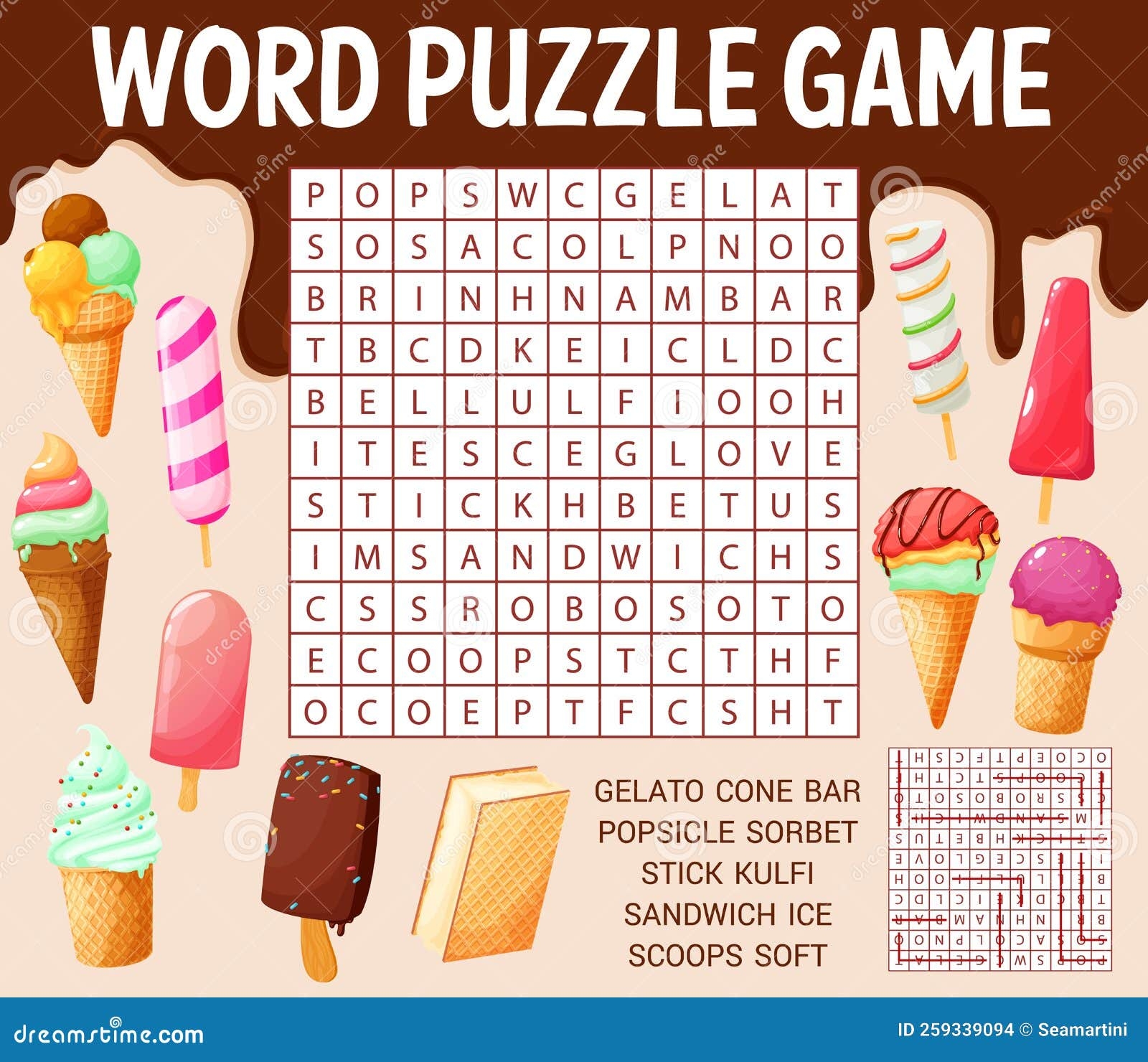 Ice Cream Cones And Desserts Word Search Puzzle Stock Vector Illustration Of Search Icecream 259339094