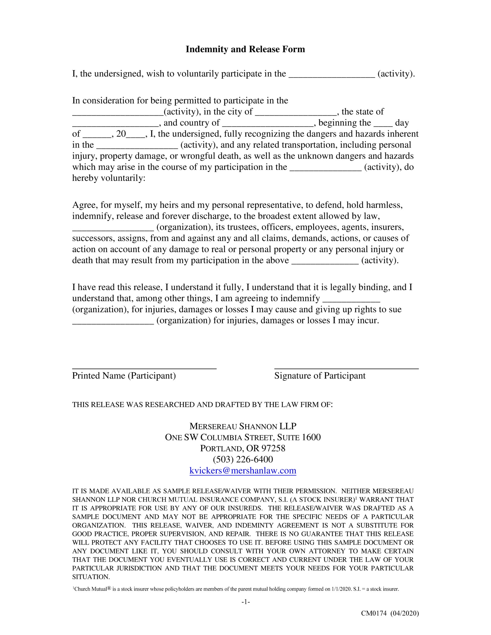 Free Printable Church Transportation Release Form