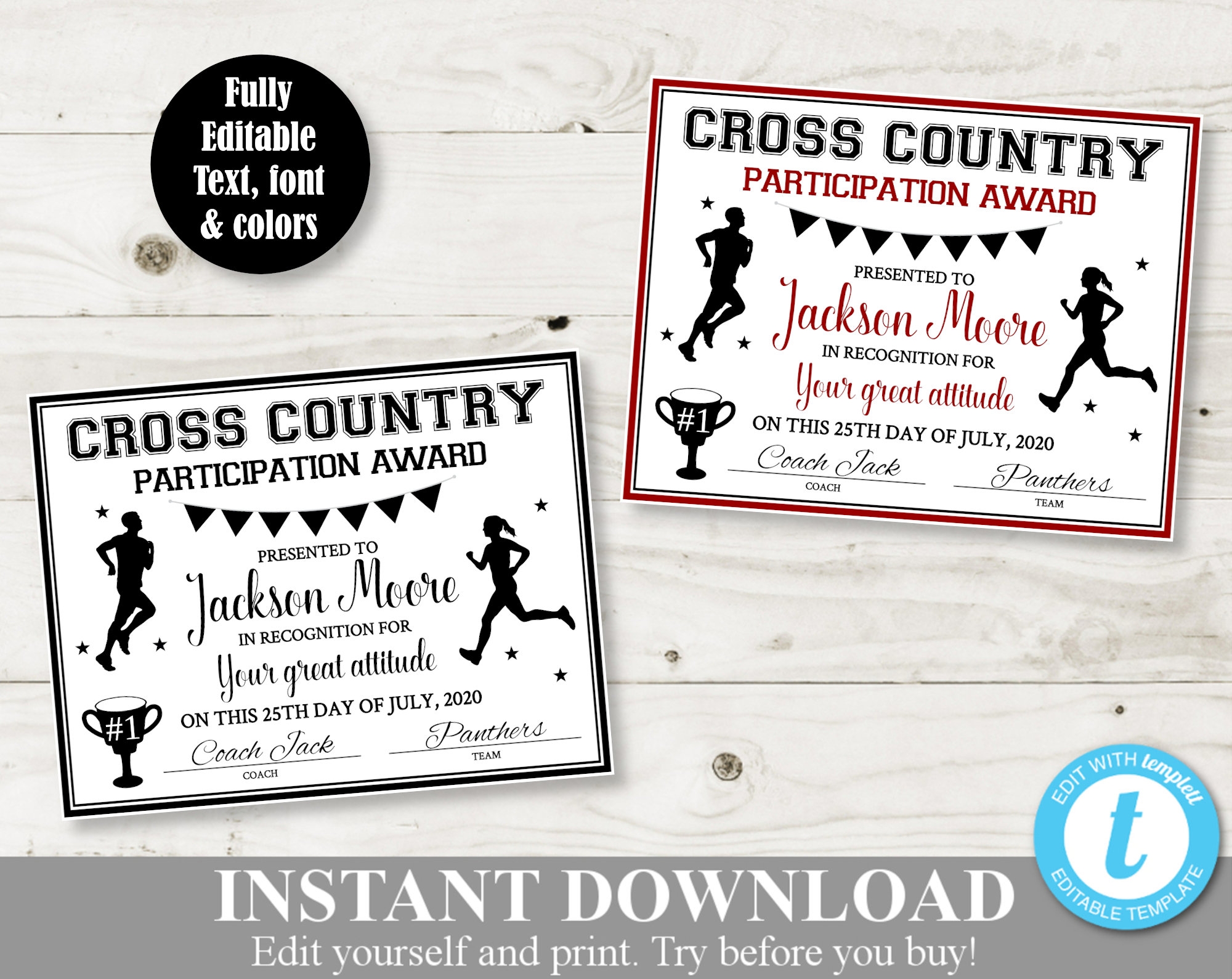 INSTANT DOWNLOAD Printable Cross Country 8 5x11 Certificate Award Sport Award Editable You Type Item 320 Etsy