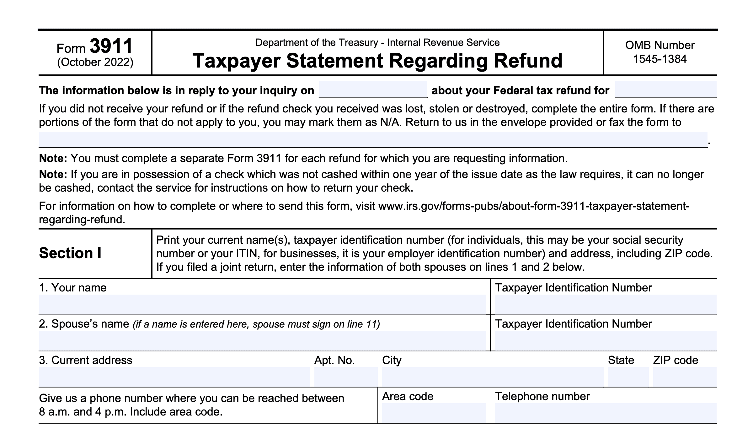 IRS Form 3911 Instructions Replacing A Lost Tax Refund Check