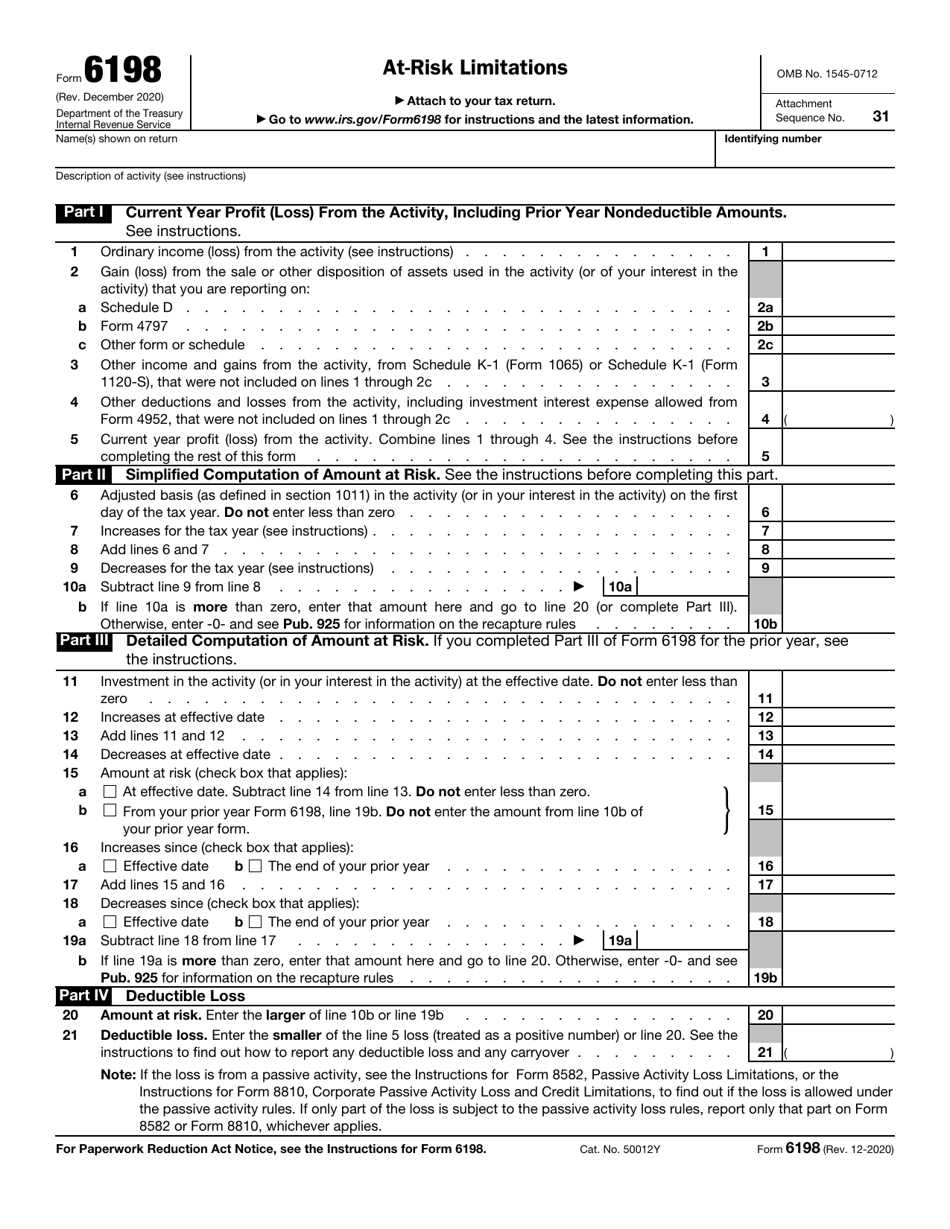 IRS Form 6198 Download Fillable PDF Or Fill Online At Risk Limitations 2009 2025 Templateroller