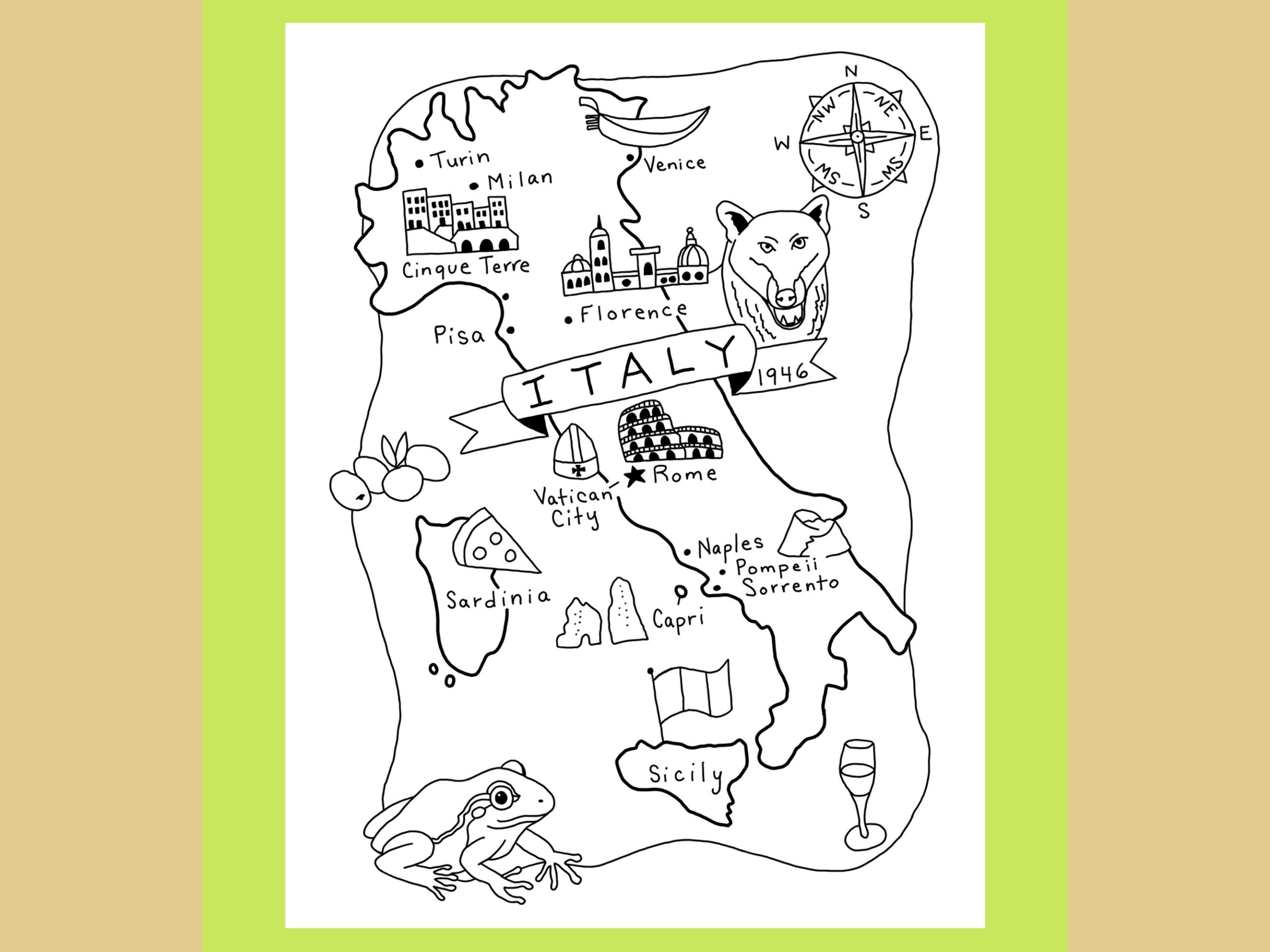Italy Coloring Page Printable Country Map Worksheet Travel Poster Print Education Sheet Geography Kids Activity Book National Symbols Etsy