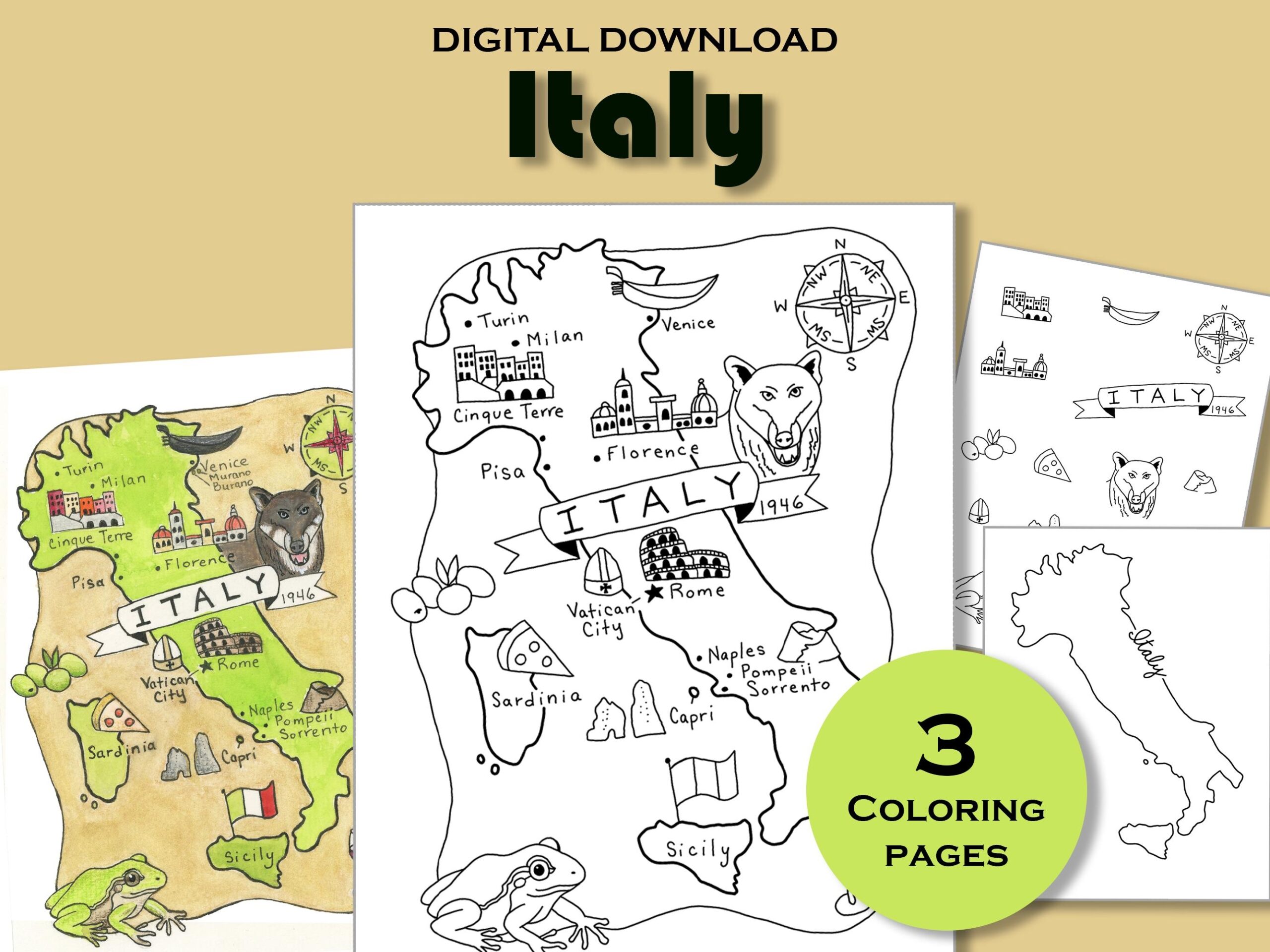 Italy Coloring Page Printable Country Map Worksheet Travel Poster Print Education Sheet Geography Kids Activity Book National Symbols Etsy