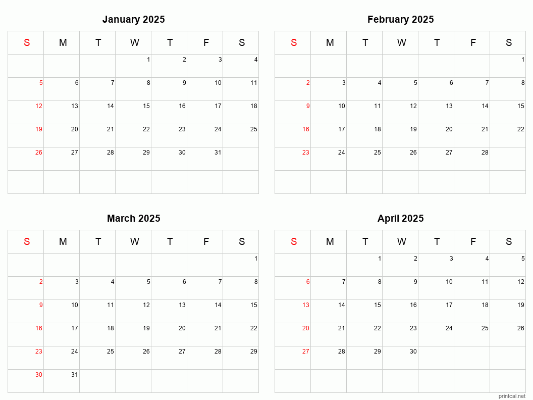 January To April 2025 Printable Calendar Four Months Per Page Printable Calendar