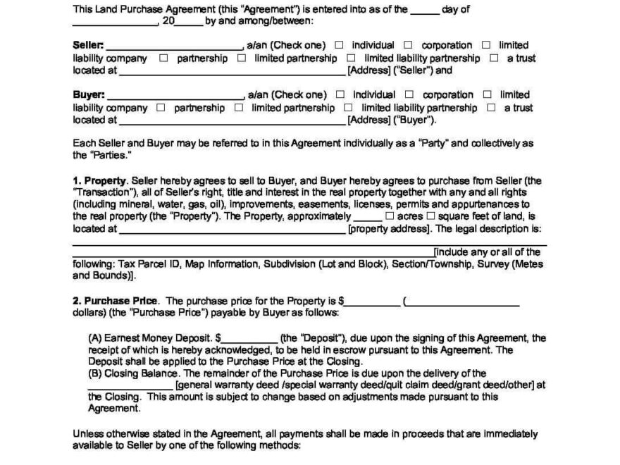 Land Purchase Agreement Template Create Download Print Land Sale Contract PDF Word