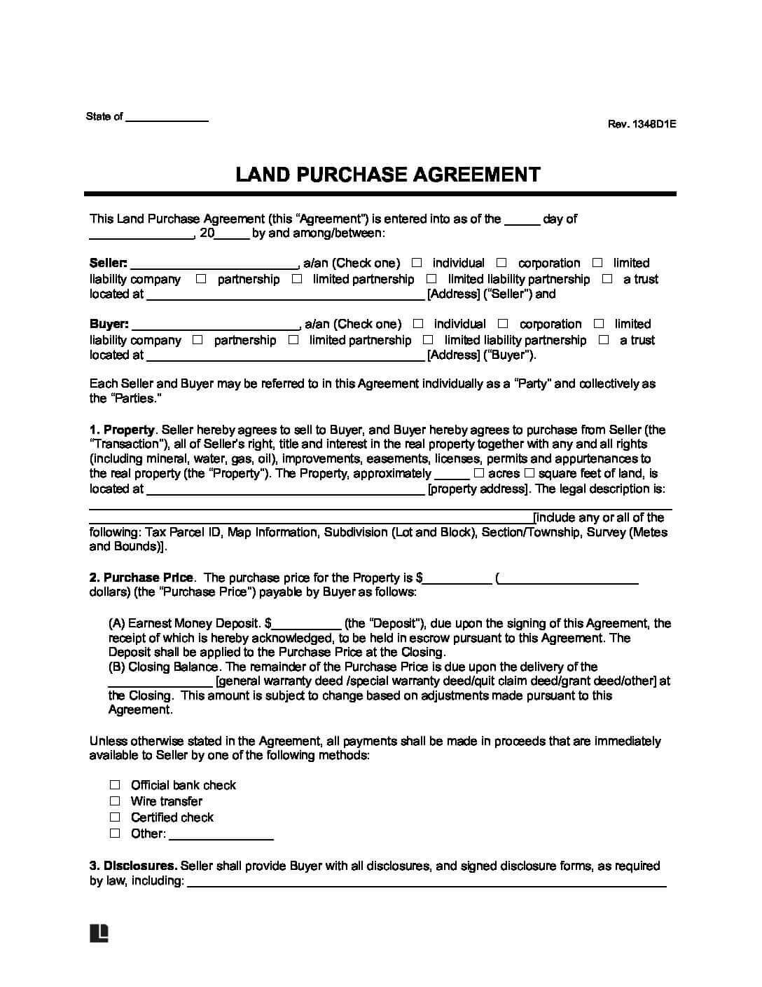 Land Purchase Agreement Template Create Download Print Land Sale Contract PDF Word 