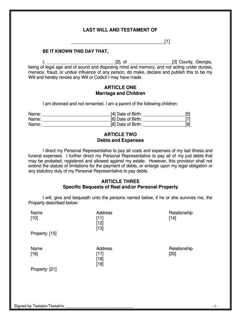 Last Will And Testament Template Georgia Fill Online Printable Fillable Blank PdfFiller