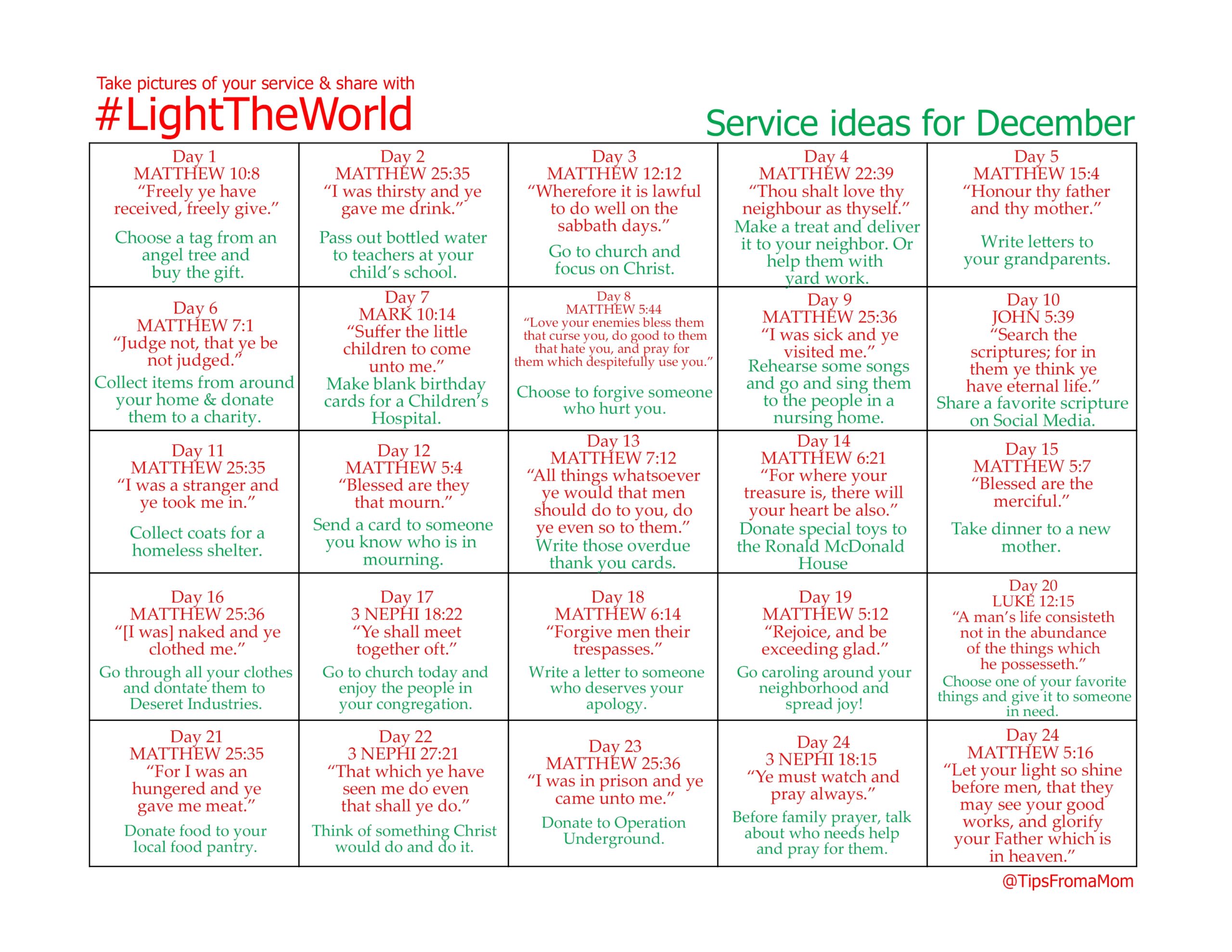 LightTheWorld Service Ideas Calendar Printable How To Keep Christ In Christmas