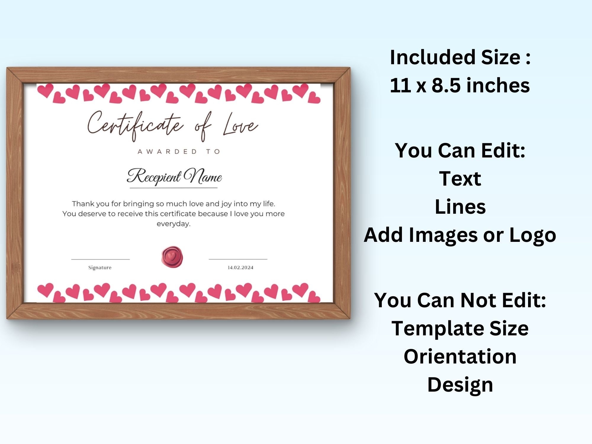 Love Certificate Template Valentines Day Gift For Him Or Her EDITABLE Certificate Of Love Last Minute Personalized Gift Download Etsy
