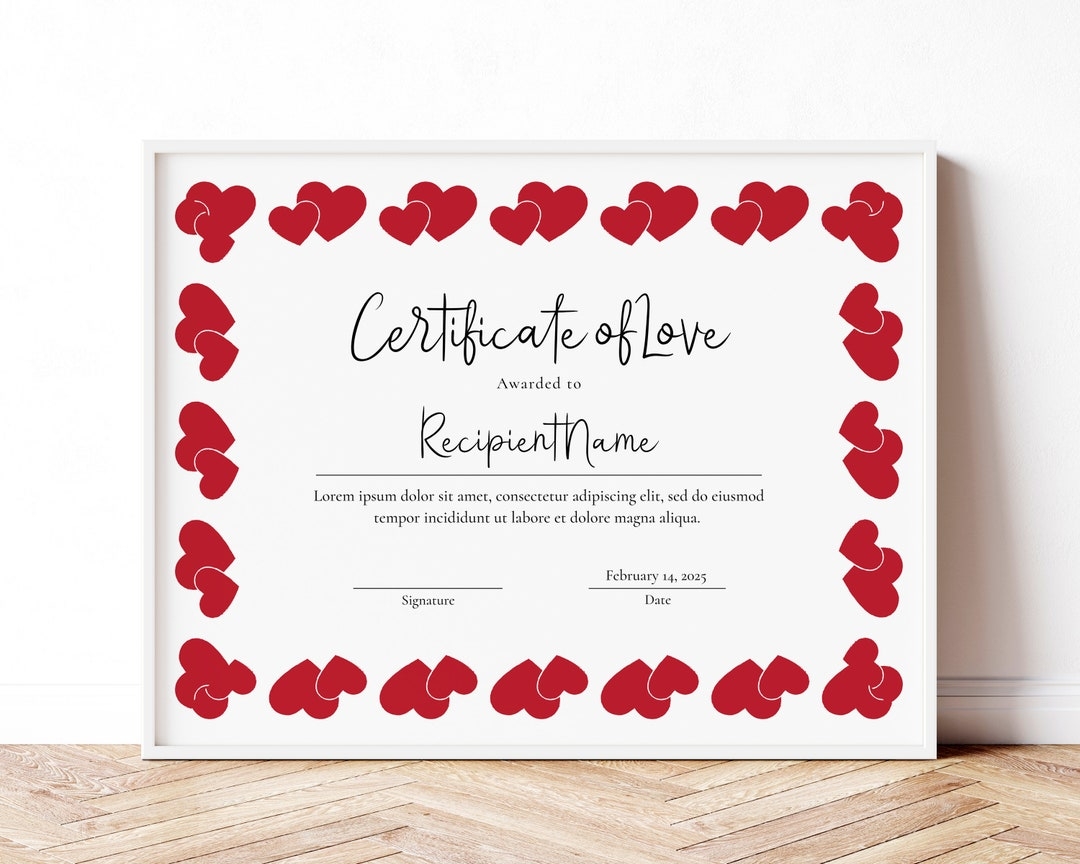 Love Certificate Template Valentines Day Gift For Him Or Her EDITABLE Certificate Of Love Last Minute Personalized Gift Download Jet183 Etsy