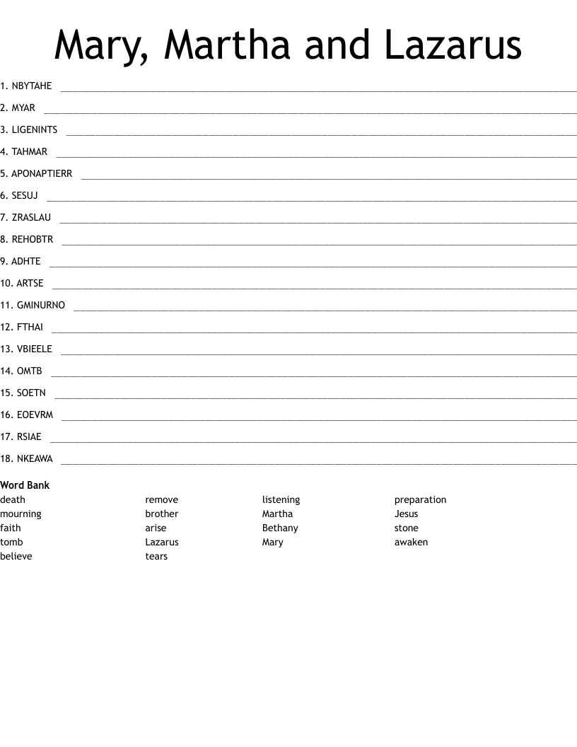 Mary Martha And Lazarus Word Scramble WordMint