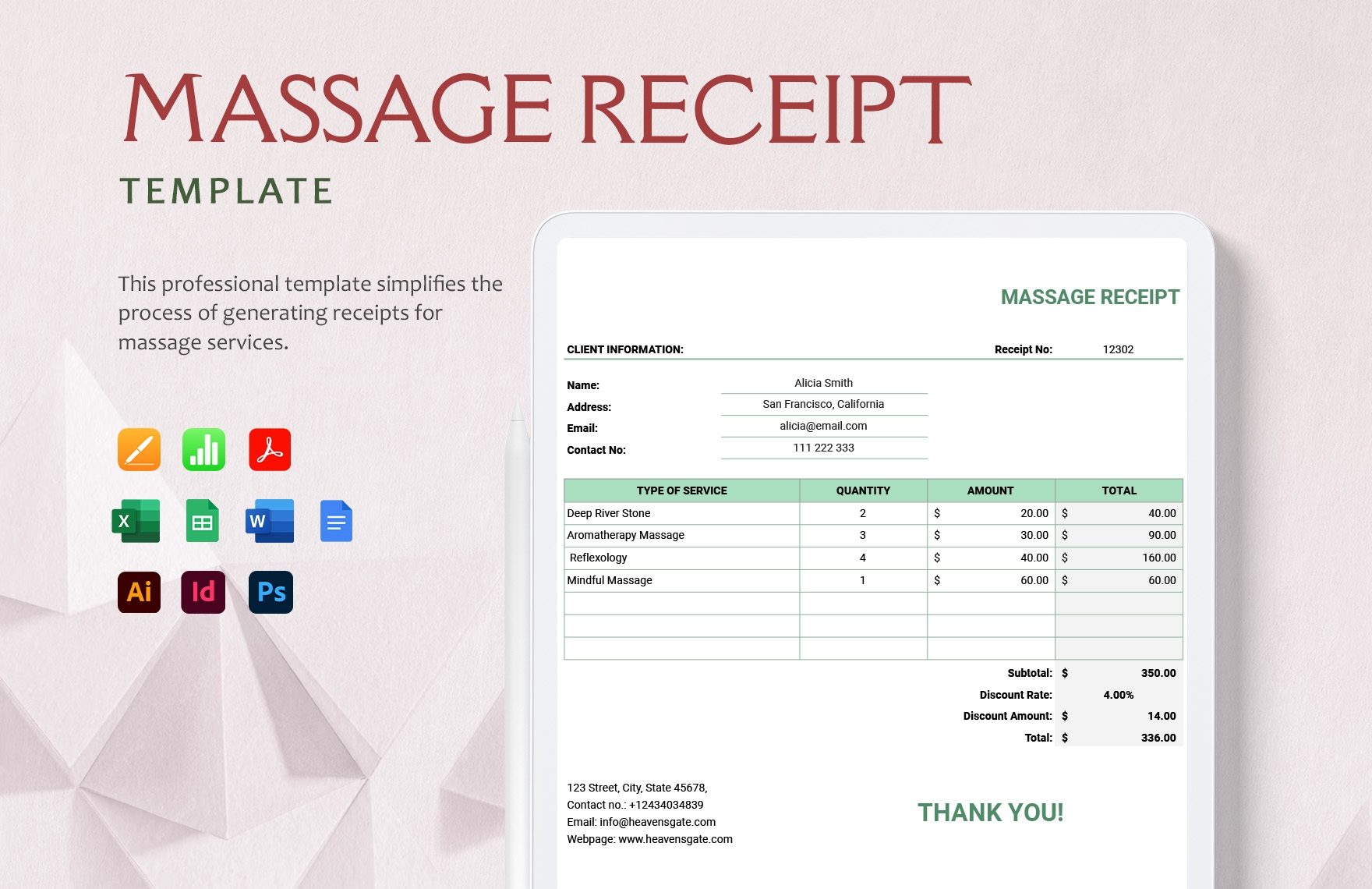 Massage Receipt Template In Google Docs Apple Pages Word InDesign PSD Publisher Illustrator Excel Google Sheets Apple Numbers Download Template