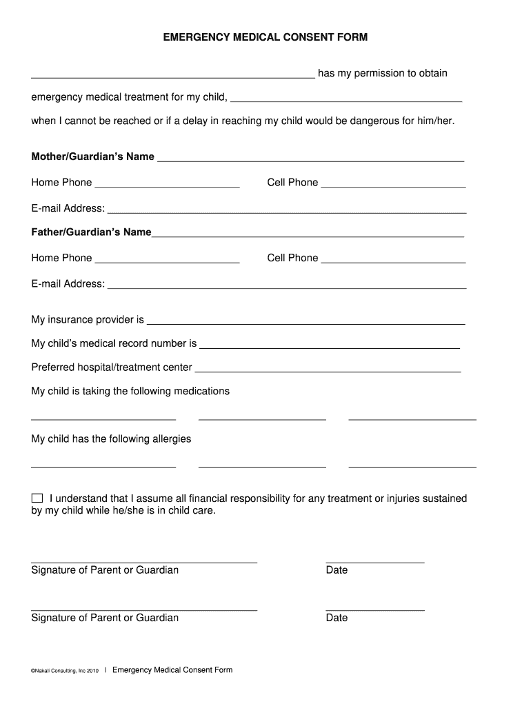 Free Printable Child Medical Consent Form