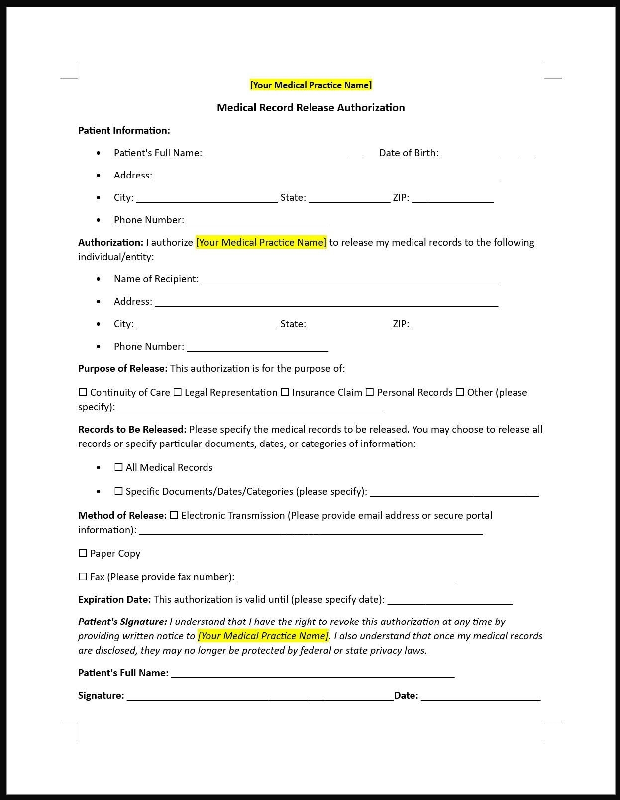 Medical Record Release Authorization Form Template word Editable Printable Etsy