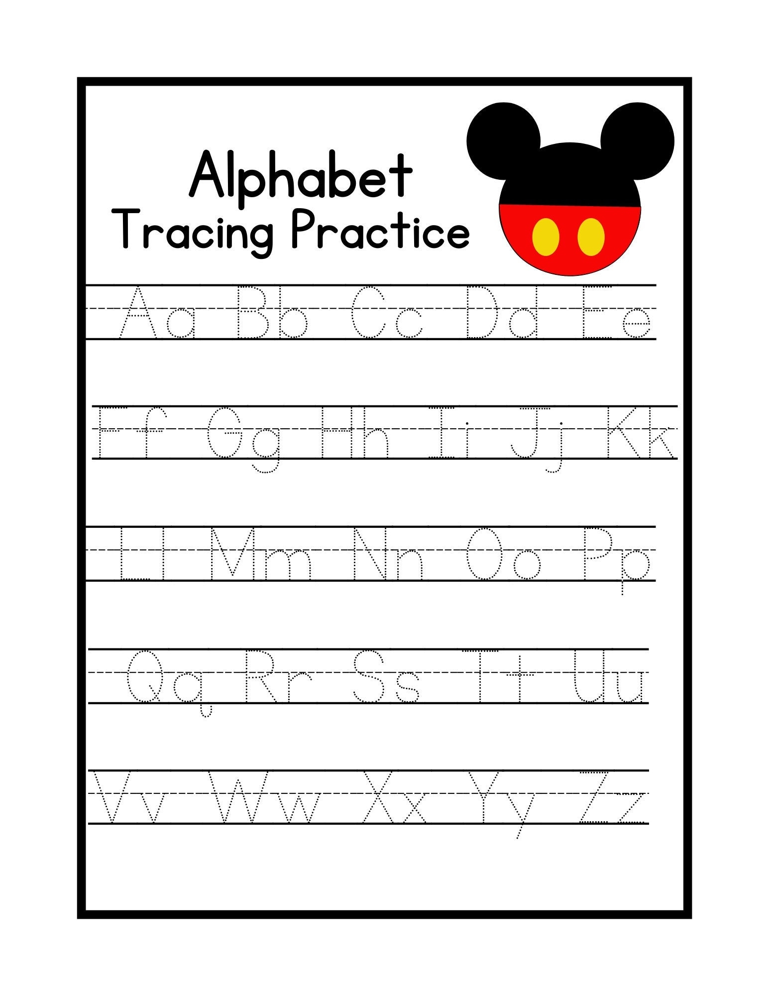 Mickey Inspired Alphabet Tracing Worksheet Atoz Kids Preschool Kindergarten First Grade Second Grade Printable Digital Download Etsy