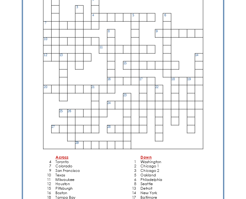 MLB Teams Crossword Puzzle My Printable Puzzles
