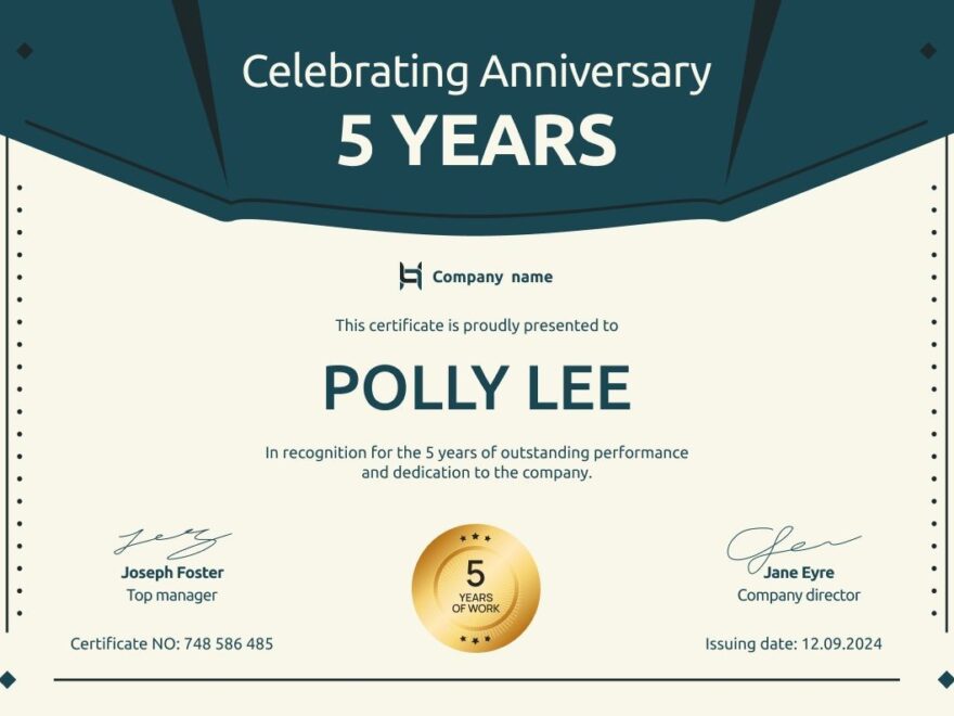 Modern And Gripping Work Anniversary Certificate Template