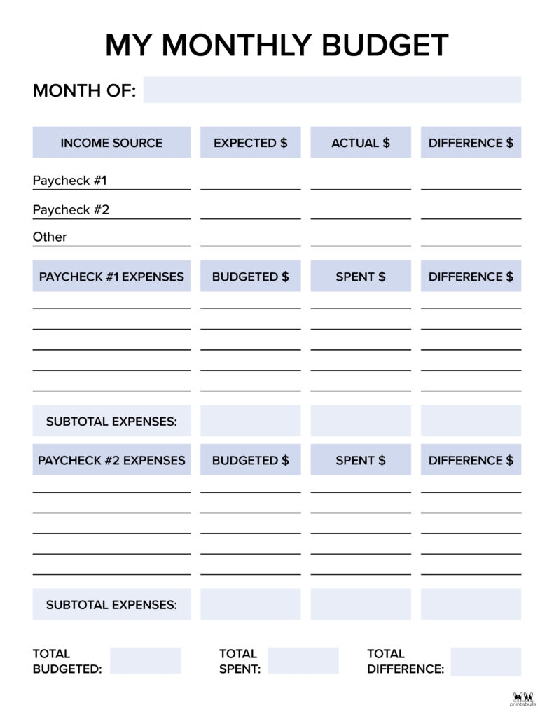 Free Printable Monthly Budget Worksheets