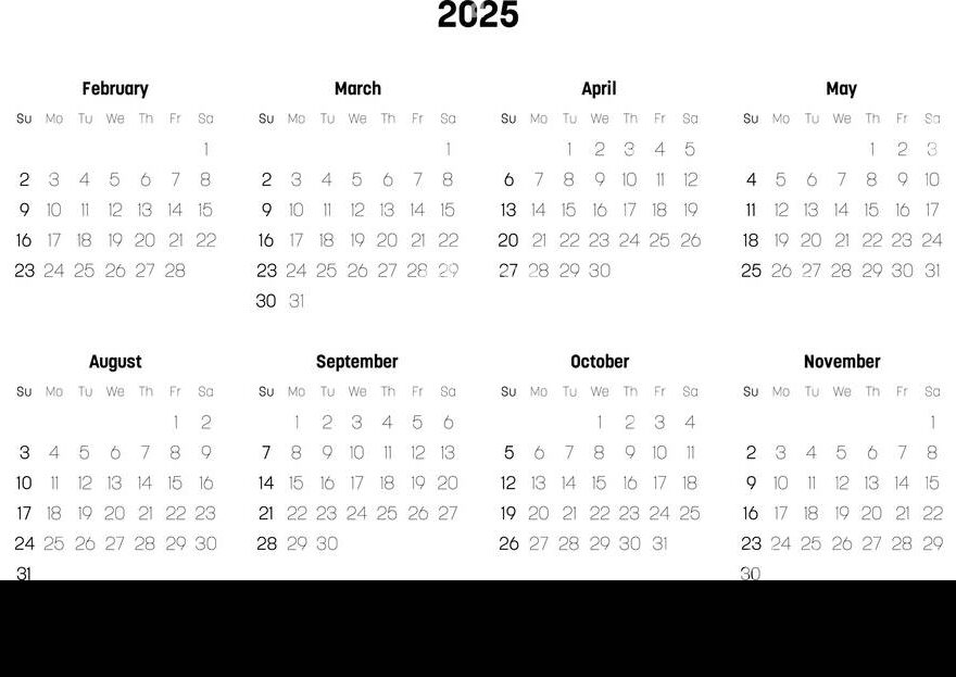 Monthly Calendar Of Year 2025 Week Starts On Sunday Block Of Months In Two Rows And Six Columns Horizontal Arrangement Simple Thin Minimalist Design Vector Illustration Stock Vector Image Art Alamy